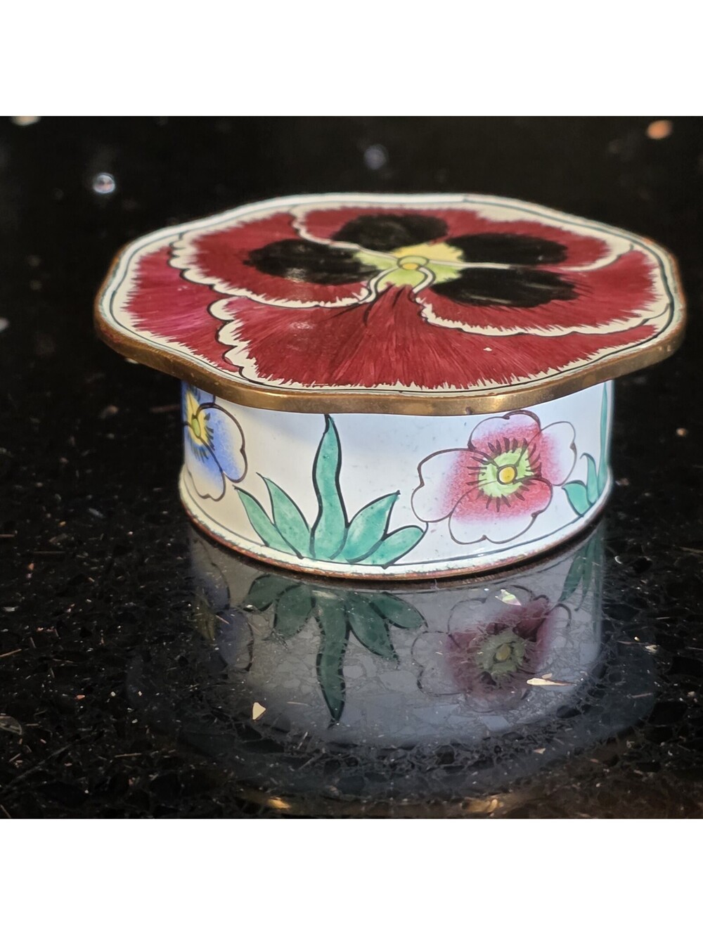 Vintage Antique Japanese Enamel Box Pansy Hand Painted Metal Asian Art